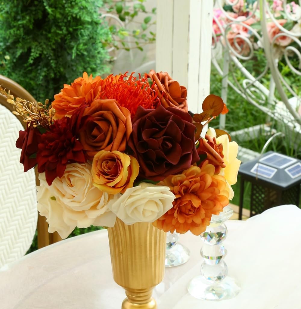 Artificial Flowers Combo Box for DIY Wedding Bouquet Arrangement, Silk Faux Flower for Bridal Table Centerpieces Party Cake Baby Shower（Orange & Burgundy）