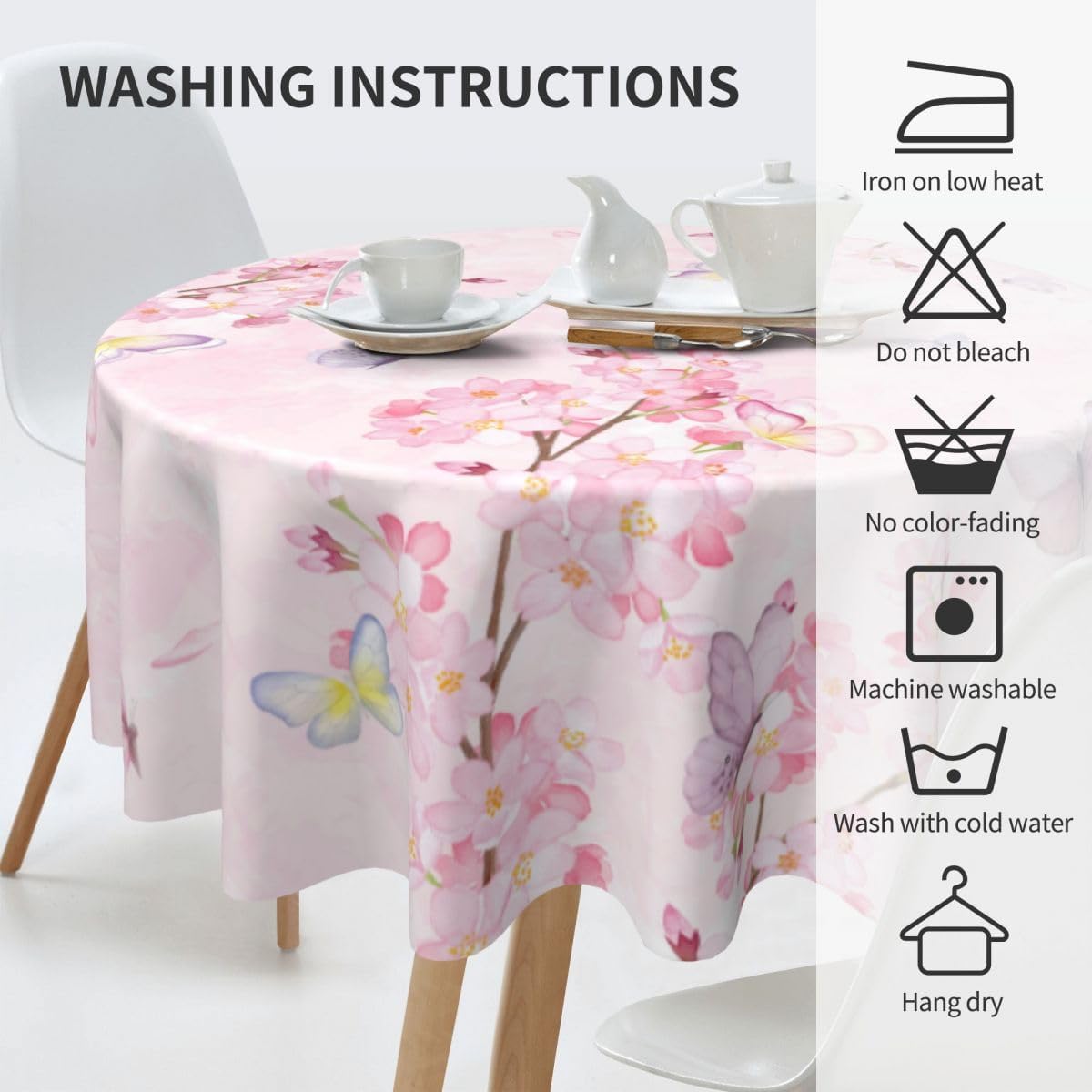 Cherry Blossom Tablecloth, Watercolor Pink Floral Butterfly Seasonal Farmhouse Water Resisitant Wipeable Table Cover for Dining Kitchen Living Room Home Party Holiday Decor 36 inch Round