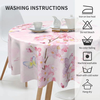 Cherry Blossom Tablecloth, Watercolor Pink Floral Butterfly Seasonal Farmhouse Water Resisitant Wipeable Table Cover for Dining Kitchen Living Room Home Party Holiday Decor 36 inch Round