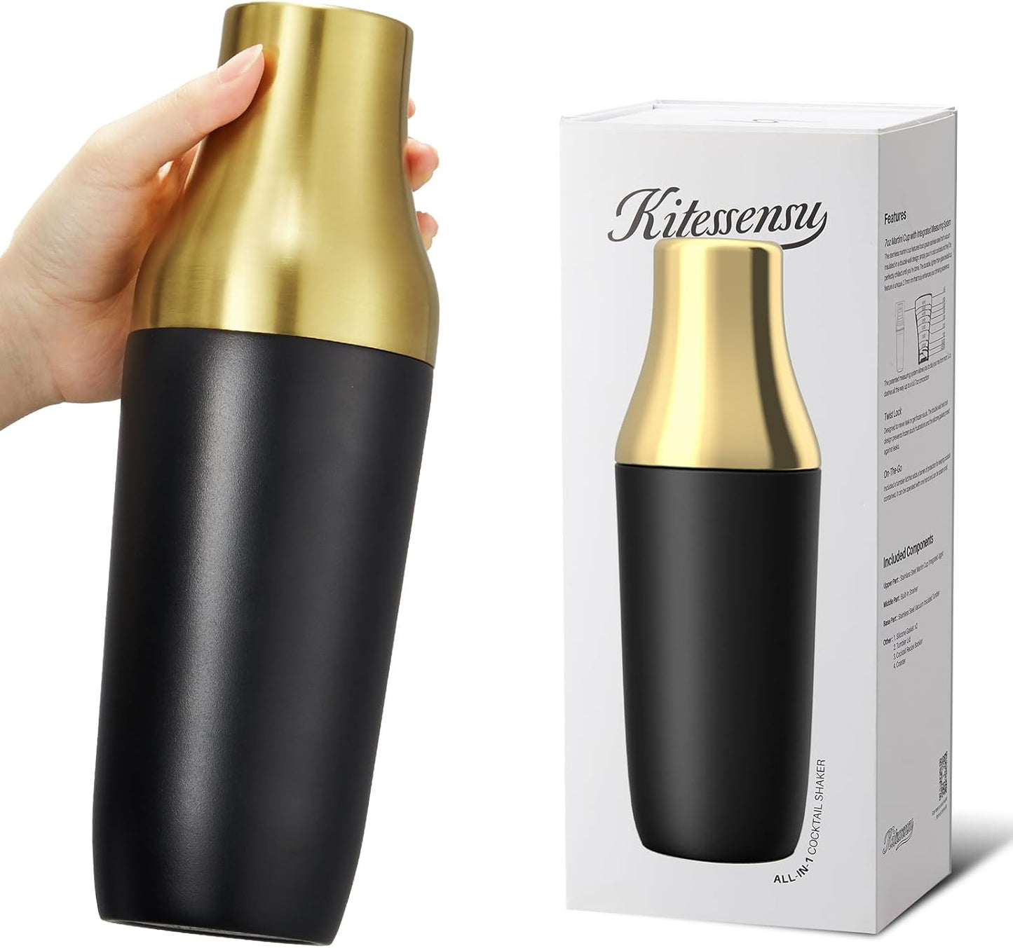Kitessensu Hybrid Cocktail Shaker | Vacuum Insulated Stainless Steel Martini Shaker with Double Wall Martini Cup | Integrated Measuring System | Tumbler Lid & Cocktail Recipes Included | Crown