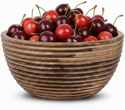 Mela Artisans Wooden Fruit Bowl | Dark Burnt Finish | 9” Decorative Mango Wood Serving Bowl | Multipurpose for Kitchen Countertop | Salad | Snacks | Fruit | Breads & More | Natural Grain Look