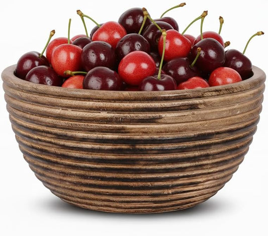 Mela Artisans Wooden Fruit Bowl | Dark Burnt Finish | 9” Decorative Mango Wood Serving Bowl | Multipurpose for Kitchen Countertop | Salad | Snacks | Fruit | Breads & More | Natural Grain Look