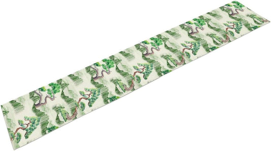 Chinese Natural Scenery Table Runner, Japanese Ink Wash Painting Plants Tree Mountain Green Colorful Forest Table Runner for Kitchen Living Room Bedroom Home 13x36 Inch