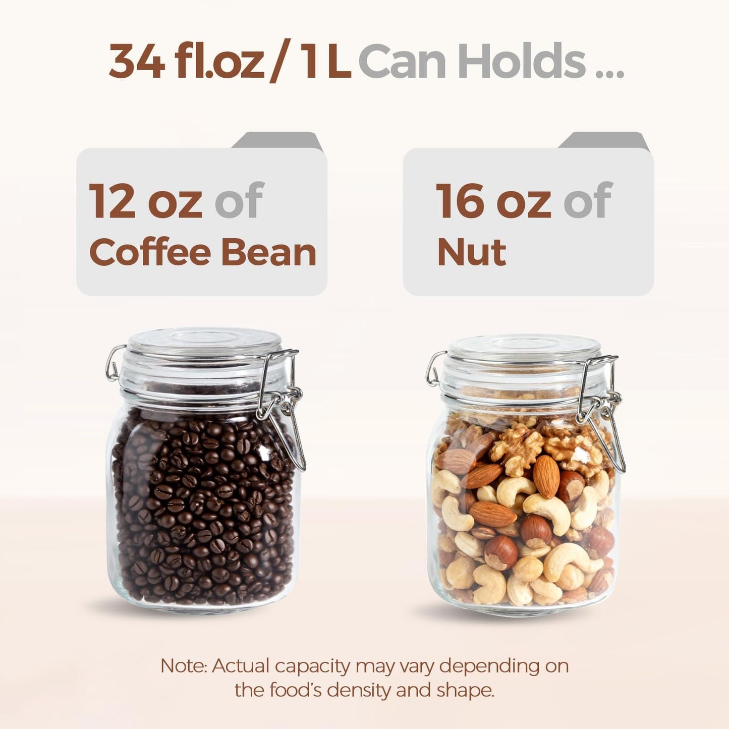 ComSaf Airtight Glass Canister Set of 3 with Lids 34oz Food Storage Jar Square - Storage Container with Clear Preserving Seal Wire Clip Fastening for Kitchen Canning Cereal,Pasta,Sugar,Beans,Spice