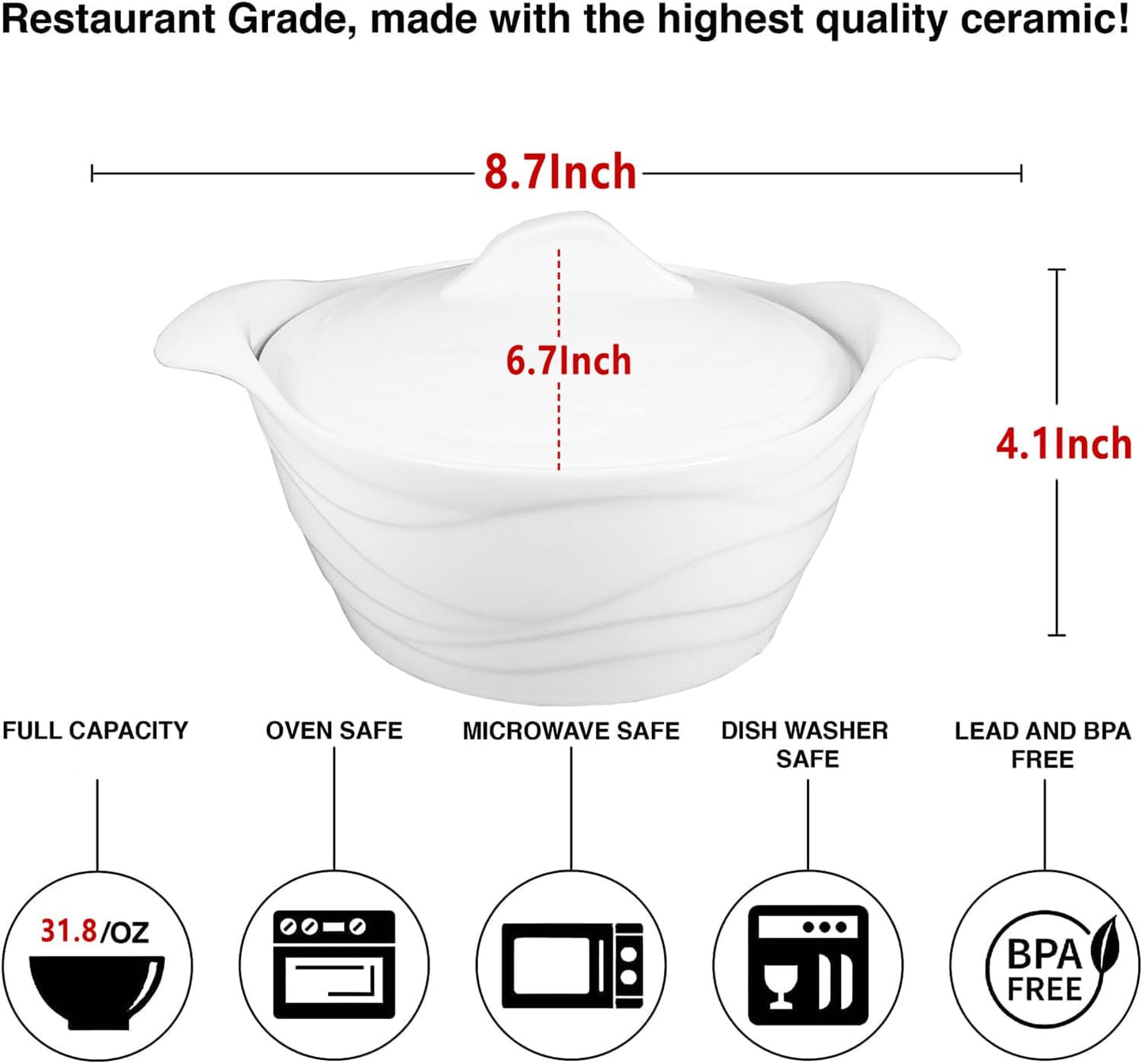 Casserole Dish 31.8 ounce French White Ceramic Bakeware Set with Lids, Chip and Crack Resistant Stoneware Baking Dish, Microwave, Dishwasher, Oven, Freezer and Fridge Safe (8.7 Inch)