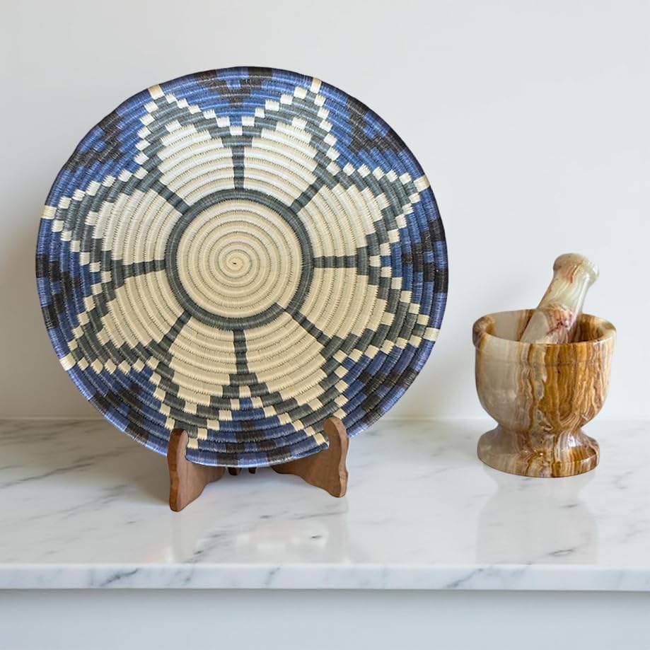 Handwoven African Basket Handmade sisal Fruit Bowl Wall Hanging decorative Baskets for Home Living Room Kitchen Centerpiece Zen Designs Arts and Crafts (Royal Blue Floral, 12in diameter)