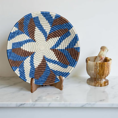 Handwoven African Basket Handmade sisal Fruit Bowl Wall Hanging decorative Baskets for Home Living Room Kitchen Centerpiece Zen Designs Arts and Crafts (Blue Brown Natural, 8in diameter)