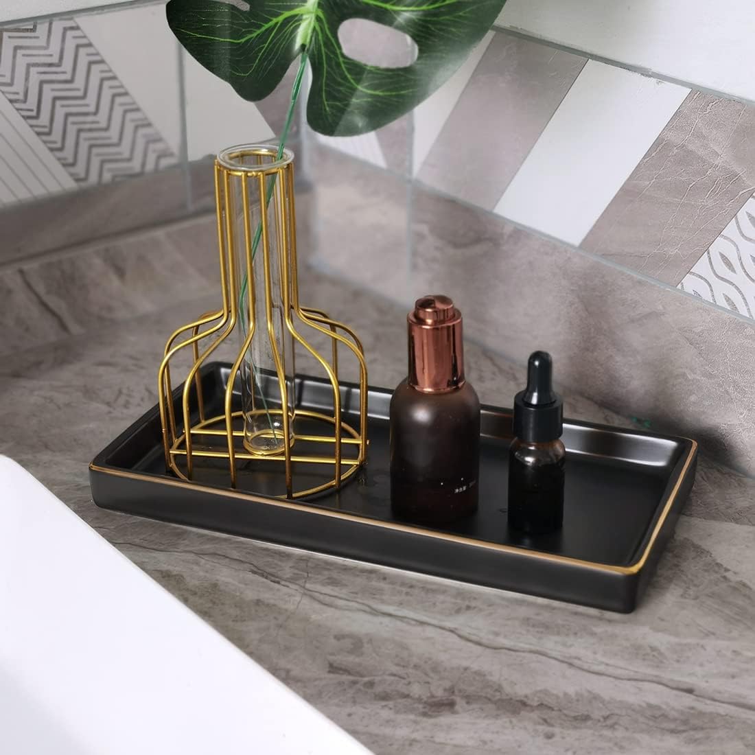 10 x 5 Ceramic Bathroom Tray for Countertop, Decorative Vanity Tray for Dresser Tops, Small Rectangular Trays for Perfume, Candle, Jewelry, Cosmetics (Black)
