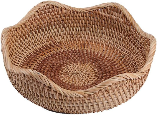 Handmade Rattan Round Fruit Basket Food Storage Bowls Kitchen Organizer Snack Serving Bowl Wavy Edge Circle Tray Basket, Boho Home Décor Display Tray for Coffee Table, Dining Room (Small 8.7")