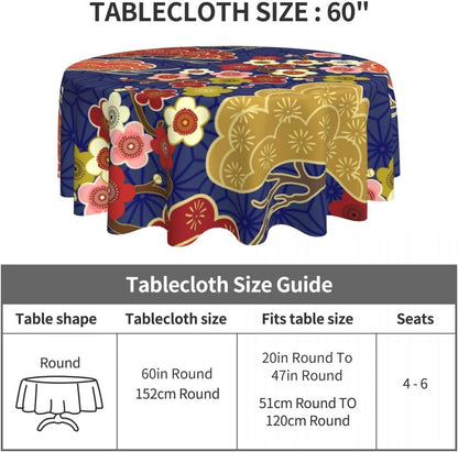 Cherry Blossom Tablecloth, Pink Floral Traditioanal Oriental Koi Vintage Asian Style Water Resisitant Wipeable Table Cover for Dining Kitchen Living Room Home Party Holiday Decor 60 inch Round
