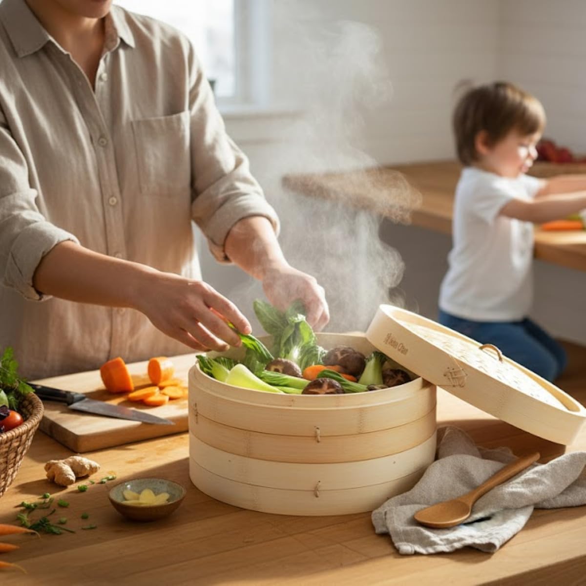 Helen's Asian Kitchen Bamboo Food Steamer with Lid - 100% Natural Bamboo - Basket Steamers for Cooking Dumplings, Dim Sum, Veggies, Fish, Meat - Preserve Nutrients & Flavors - 12-Inch