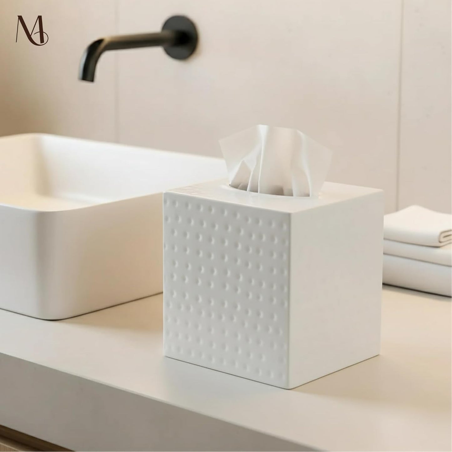 Monarch Abode Tissue Box Cover Square – Hand Hammered White Metal Tissue Holder Box for Bathroom Accessory, Aesthetic Decorative Facial Napkin Cube for Modern Home Decor