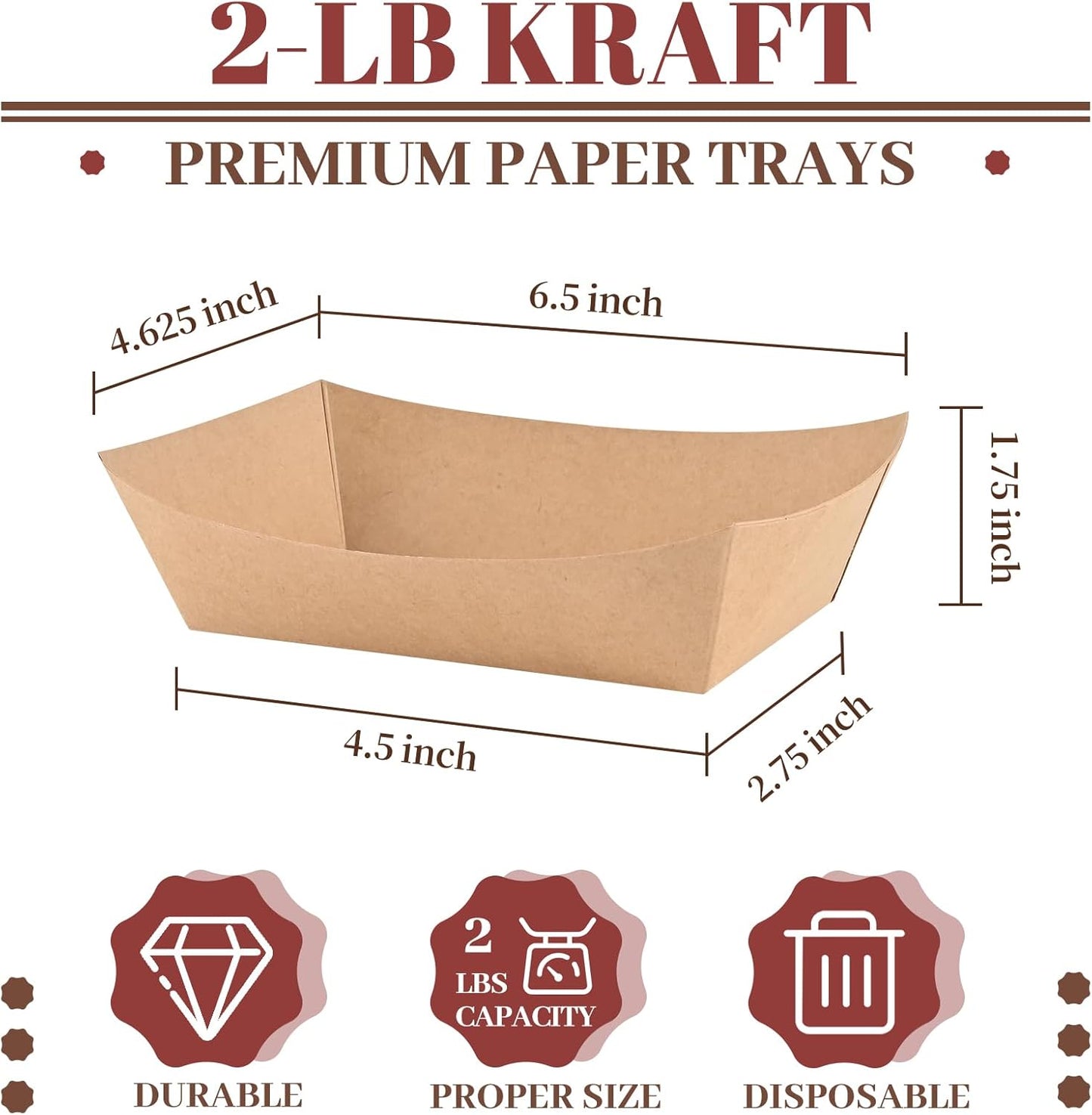 Ocmoiy 2lb Paper Food Trays, 100 Pack Heavy Duty Kraft Food Boats Holders Disposable Serving Basket Trays for Hot Dog, Nachos, Tacos, Fries, BBQ, Festivals, Party