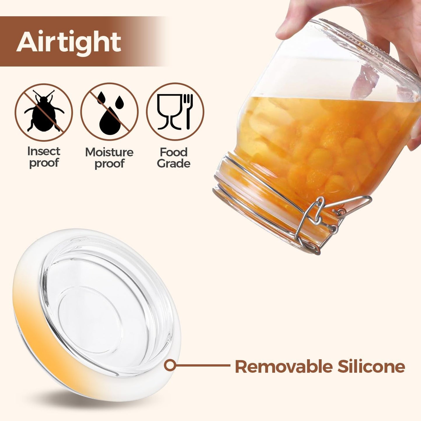 ComSaf Airtight Glass Canister Set of 3 with Lids 34oz Food Storage Jar Square - Storage Container with Clear Preserving Seal Wire Clip Fastening for Kitchen Canning Cereal,Pasta,Sugar,Beans,Spice