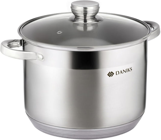 Daniks Standard Stainless Steel Stock Pot with Glass Lid – Induction 10 Quart, Dishwasher Safe, Measuring Scale, For Soup, Pasta, Stew, Silver