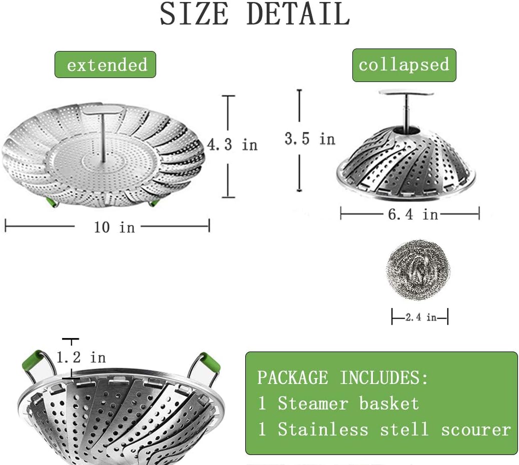 Stainless Steel Veggie Steamer Basket with Folding Handle - Expandable to Fit Pots 6.4" to 10"