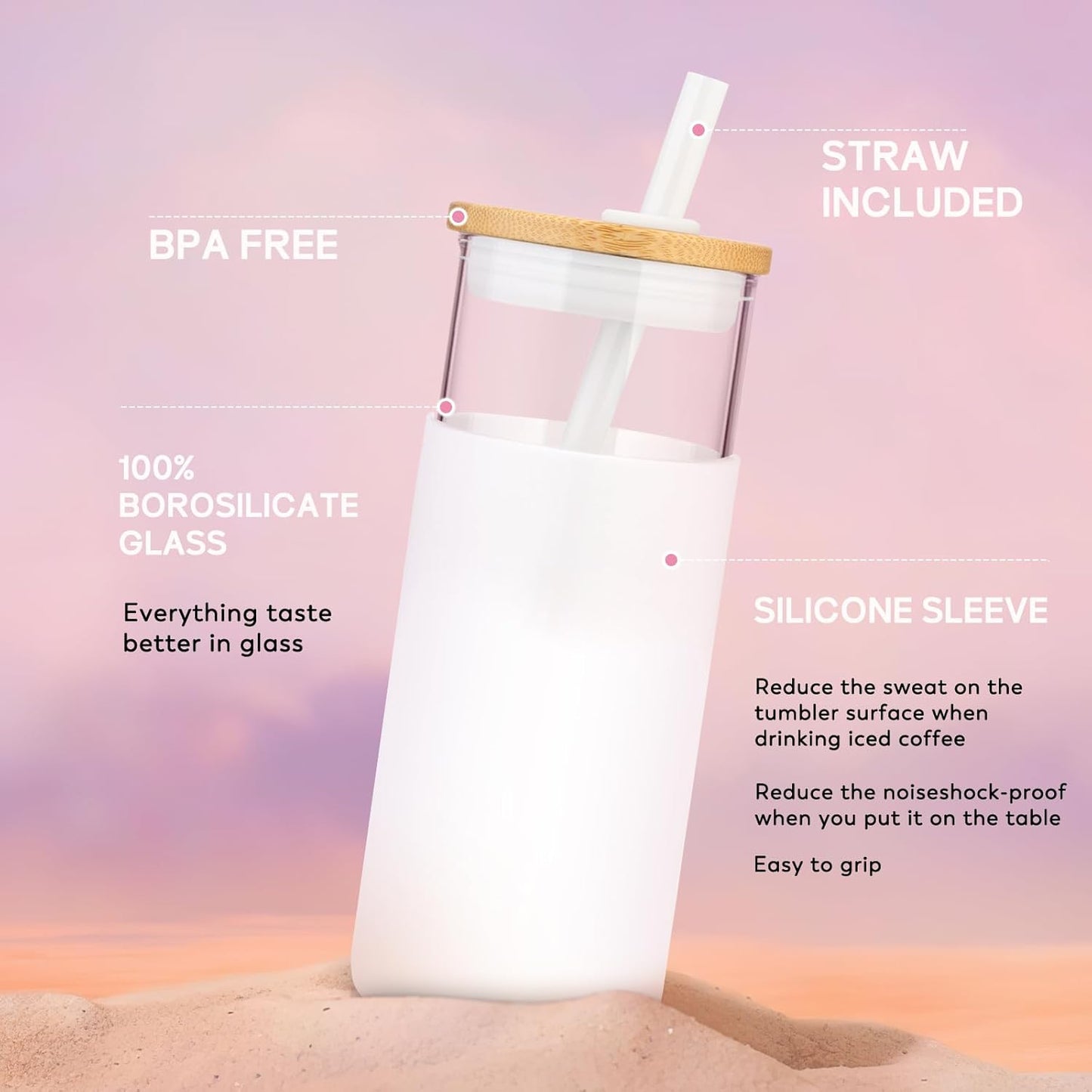 Tronco 20 oz Glass Tumbler with Lid and Straw, Iced Coffee Cup and Smoothie Cup with Bamboo Lids & Protective Silicone Sleeve, Dishwasher Safe, BPA-Free, Pink 1 Pack