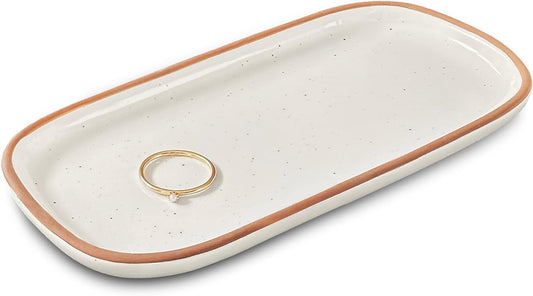 Mora Mini Ceramic Decorative Tray, 6.4 x 3.2 Inch Palm Sized Rectangle Dish for Jewelry, Perfume, Makeup, Accessories, Candle, Cute Organizer for Bathroom Vanity, Bedside, or Kitchen Counter, White