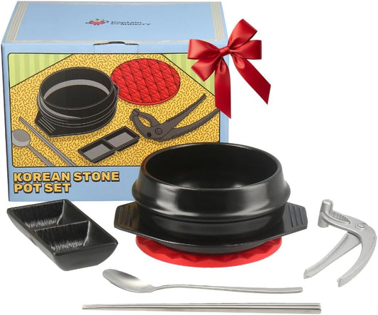 Korean Stone Pot Set (7-piece, 38.7oz with Hot Pot Grip), Ttukbaegi, Dolsot, Korean Soup Bowl, Ceramic Pots for Cooking, Soup Pot, Earthenware Claypot, Bibimbap, Ramen