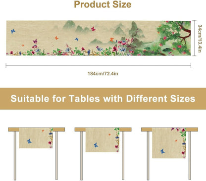 Butterfly Table Runner, Landscape Ancient Chinese Mountain Fall Seasonal Flowers Plants Trees Table Runner for Kitchen Home Party Dining Table Decor 13x36 Inch