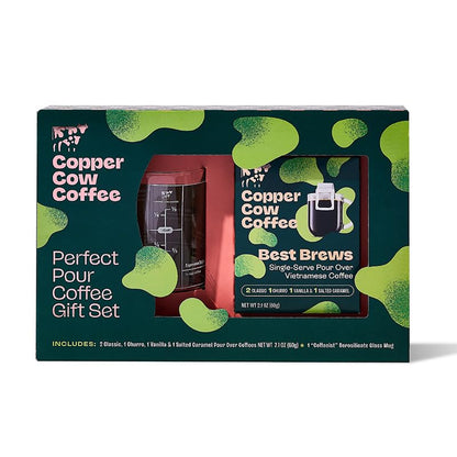 Copper Cow Coffee with Glass Mug & 5 Premium Vietnamese Pour Over Ground Coffees (Classic, Vanilla, Churro, Salted Caramel)