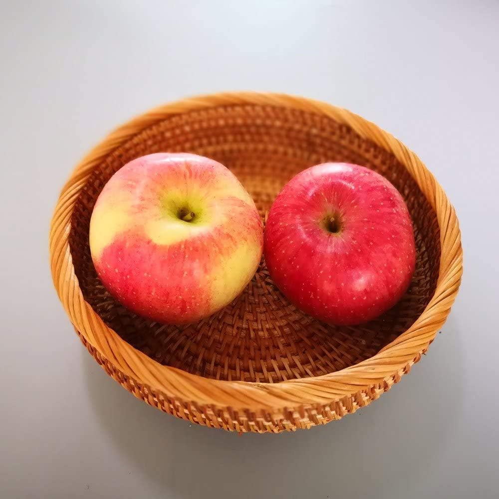 Hadewoven Round Rattan Fruit Basket Wicker Food Tray Weaving Storage Holder Dinning Room Bowl, 8 Inch Small Bread Baskets Tray for Serving with Deep Wall, Brown (Small 7.48”)