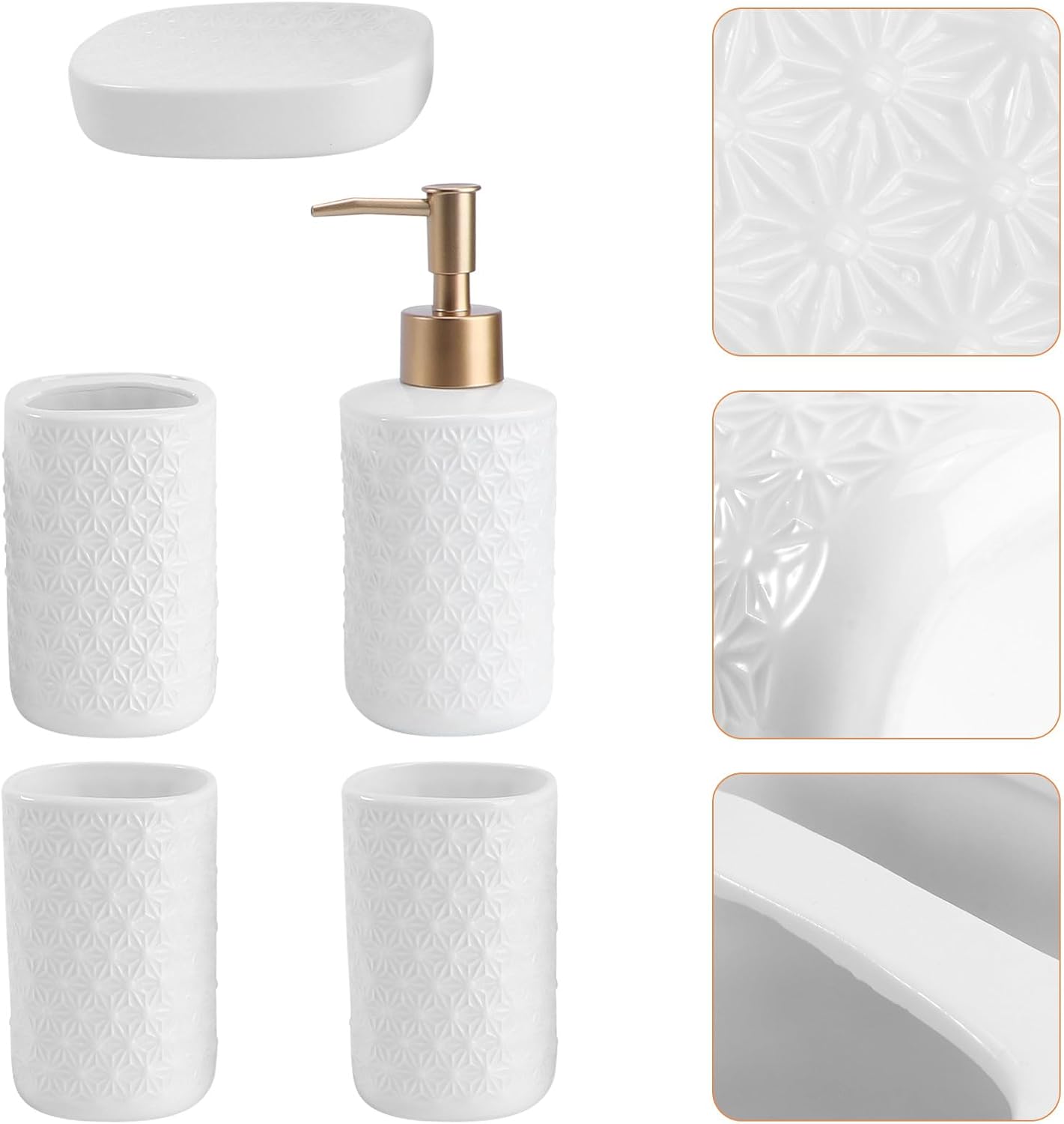 Wakauto Ceramic Bathroom Washing Accessory Set White Including Soap Plate Lotion Container Toothbrush Cup for Bathroom Organization and Space Saving