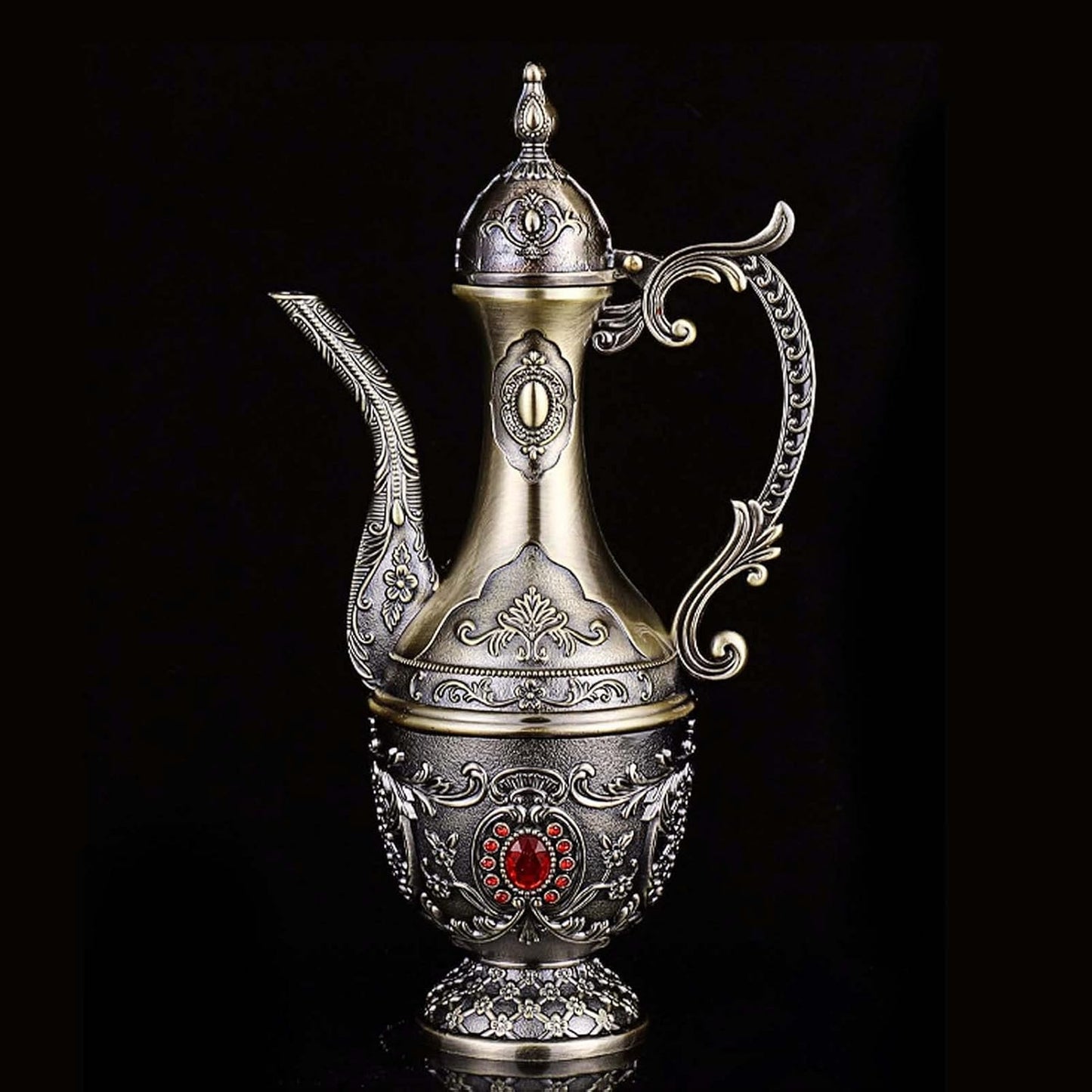 Vintage Turkish Coffee Pot and Cups Set,Tea Service Set Including Teapot,Tea Tray and Metal Cups for Wine Cabinet Decor,Wedding Ornaments (Bronze with Red Crystal)