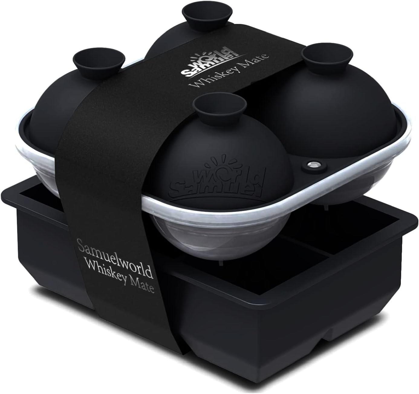 Samuelworld Large Silicone Premium Ice Trays, 2-Pack Combo, 2 Inches Big Ice Cube Tray & 2.5 Inches Large Ice Sphere - BPA Free, Craft Ice Maker for Gifting, Whiskey, Cocktails, Easy Release - Black