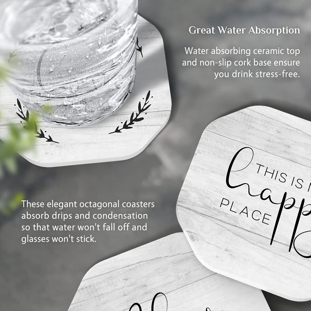 UMIRRO Rustic Farmhouse Coasters for Wooden Table, Modern Ceramic Coasters with Holder for Coffee Table Decor, Housewarming Gifts for New House/Home, Assorted Design, White, 4", 6 Pack