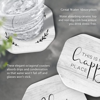 UMIRRO Rustic Farmhouse Coasters for Wooden Table, Modern Ceramic Coasters with Holder for Coffee Table Decor, Housewarming Gifts for New House/Home, Assorted Design, White, 4", 6 Pack