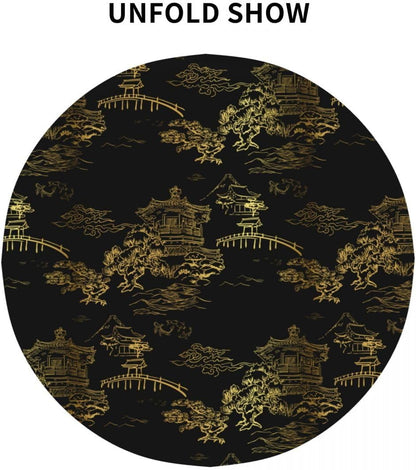 Japanese Tablecloth, Black Golden Traditioanal Chinese Landscape Oriental Vintage Water Resisitant Wipeable Table Cover for Dining Kitchen Living Room Home Party Holiday Decor 70 inch Round