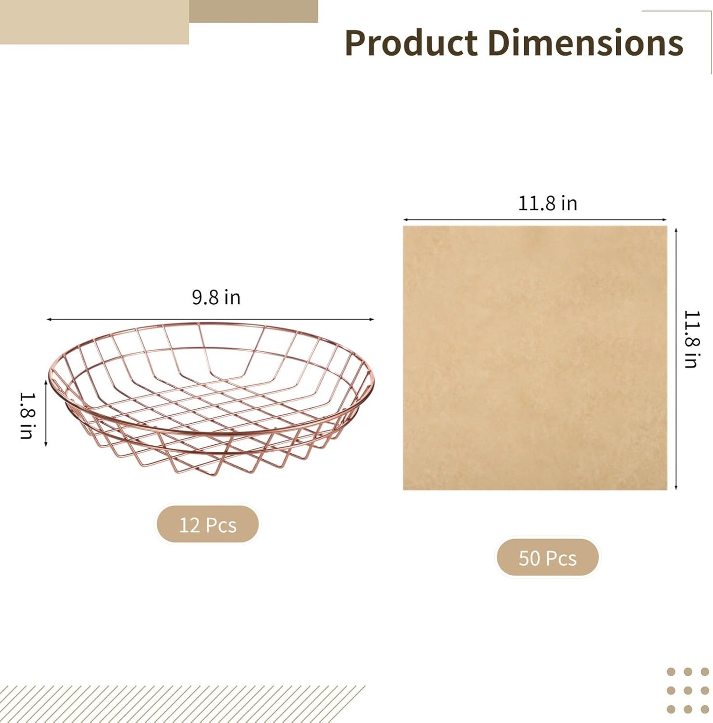 12 PCS Food Serving Wire Baskets, 9.8 x 1.8 in Wire Bread Baskets with 50 Sheets 11.8 in Square Deli Wrapper, Metal Snack Basket with Oil-Absorbing Paper for Restaurant Party