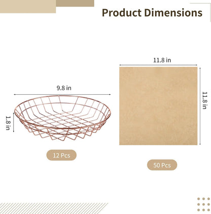 12 PCS Food Serving Wire Baskets, 9.8 x 1.8 in Wire Bread Baskets with 50 Sheets 11.8 in Square Deli Wrapper, Metal Snack Basket with Oil-Absorbing Paper for Restaurant Party
