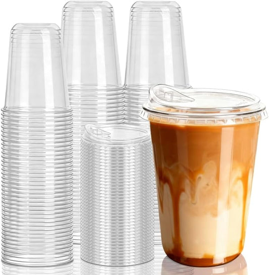 50 Set 16 oz Plastic Iced Coffee Cups with Strawless Sip Lids, Clear Rounded Bottom Plastic Cups with Lids, Disposable To Go Iced Coffee Cups with Lid for Coffee, Juice, Cold Drinks, Latte