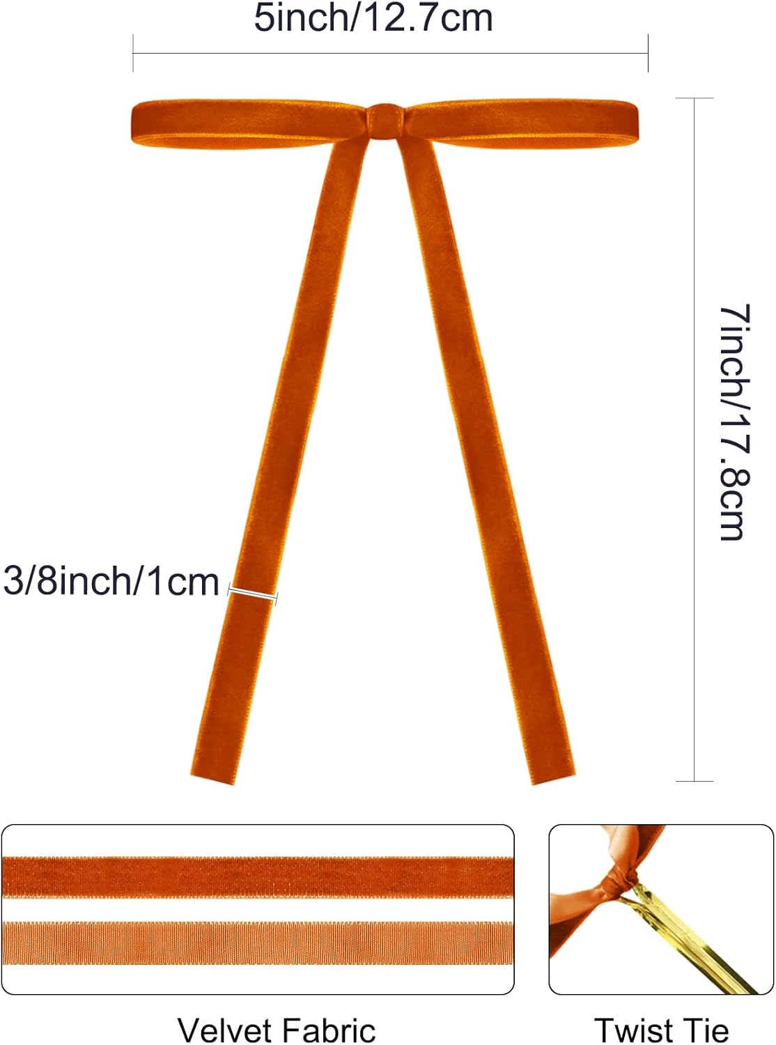 SIMISI RIBBON 24Pcs Orange Christmas Velvet Ribbon Bows Decorations Xmas Ornaments Vintage Decor for Tree, Wreath, Garland (3/8'' Width, 5 * 7 inch)