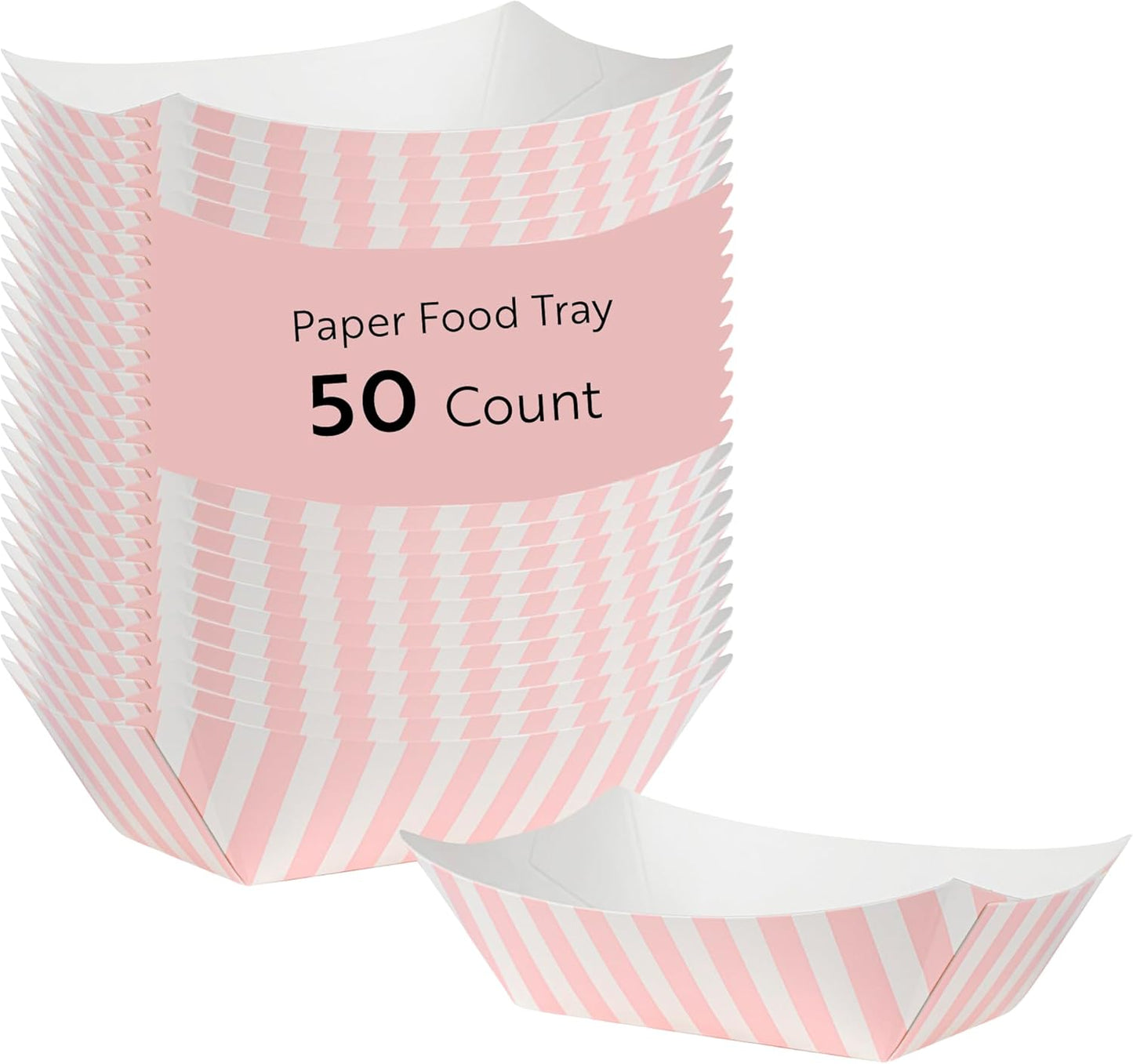 Restaurantware-Bio Tek 6 Ounce Boat Paper Boats, 50 Disposable #40 Food Trays - PE Lining, Durable, Pink And White Striped Paper Food Baskets, For Concession Stands, Picnics, or Fairs, Stackable