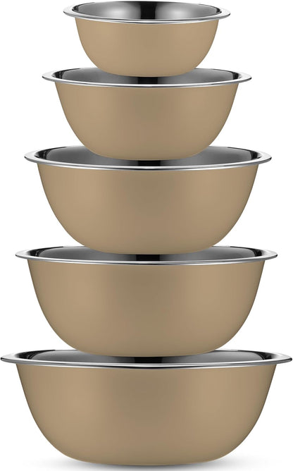 WHYSKO Meal Prep Stainless Steel Mixing Bowls Set, Home, Refrigerator, and Kitchen Food Storage Organizers | Ecofriendly, Reusable, Heavy Duty (Khaki)