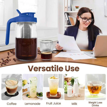 Cold Brew Coffee Maker,32 oz Mason Jar Pitcher with Stainless Steel Filter, Pour Spout Handle Lid, Heavy Duty Glass Airtight & Leak-Proof Pitcher for iced coffee Tea Lemonade-Blue