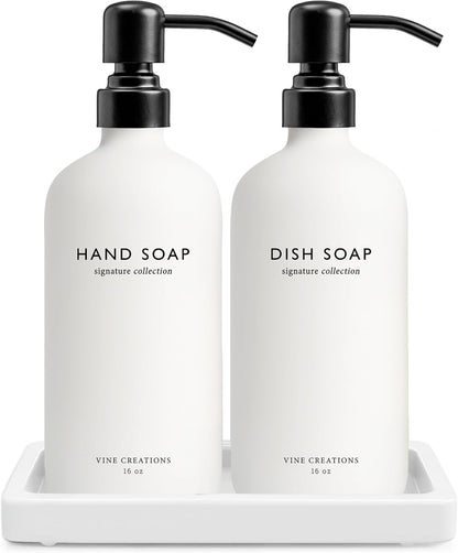 Vine Creations Glass Soap Dispenser Set, Kitchen Soap Dispenser Set with Ceramic Tray, 16 oz Dish Soap and Hand Soap Dispenser Set with Stainless Steel Pump Decor (White Bottle/Matte Black)