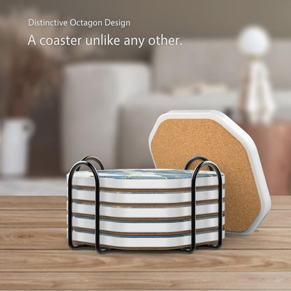 UMIRRO Ceramic Stone Coasters for Drinks Absorbent with Holder for Wooden Coffee Table, Stoneware Cup Coasters for Iced Cold or Hot Drinks, Navy Blue Marble Style, Gold, 4" Set of 6