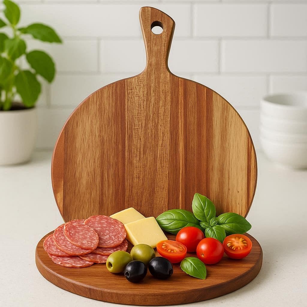 Acacia Wood Cutting Board Round, 16" × 12" × .78" Wooden Chopping Board Round Cutting Boards for Kitchen Charcuterie Board Paddle Carving Butter Serving Tray for Cheese Meat Fruit Pizza Bread