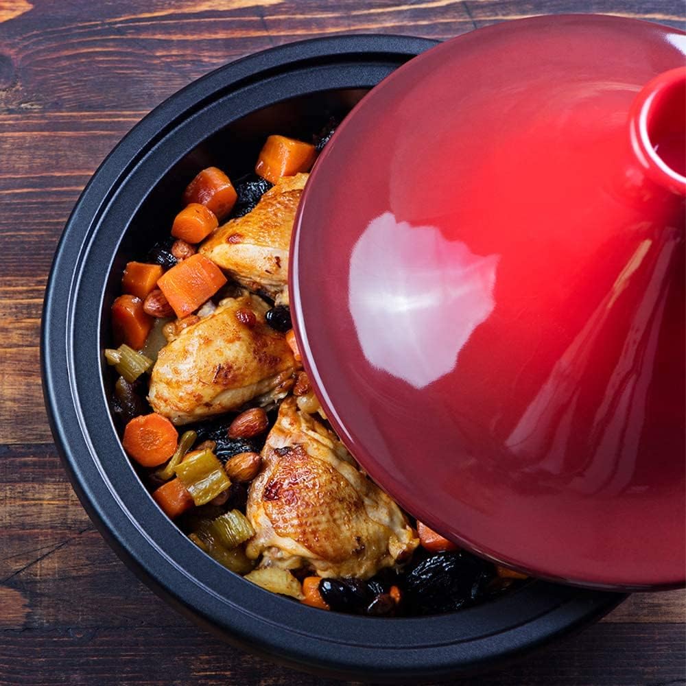 KooK Moroccan Tagine, Enameled Cast Iron Cooking Pot, Tajine with Ceramic Cone-Shaped Closed Lid, 3.3 QT, (Crimson)