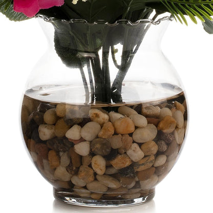 ENOVA FLORAL 18 Heads Silk Rose Artificial Flowers in Vase,Faux Rose Flowers Arrangement in Round Bowl Vase with Faux Water and River Rock for Table Decor Centerpieces (Fushia)