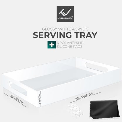 White Tray 15×10" with Cut Handles - Spill Proof Decorative Tray is an Ideal Countertop Organizer for Living Rooms, Ottoman Coffee Tables, Offices, Kitchens & Serving Guests