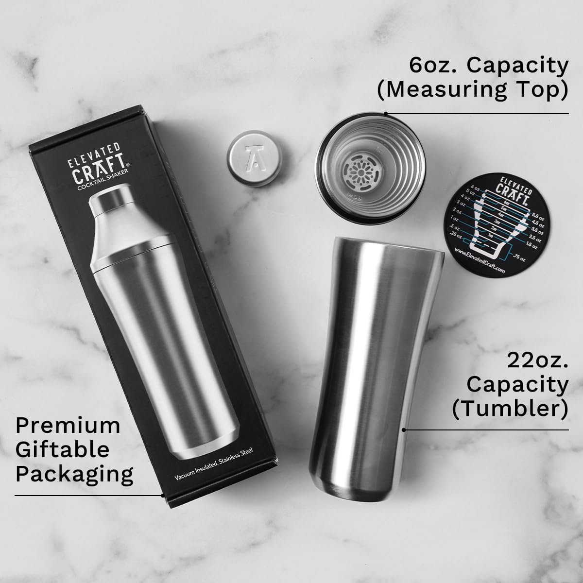 Elevated Craft Hybrid Cocktail Shaker - Premium Vacuum Insulated Stainless Steel Cocktail Shaker - Innovative Measuring System - Martini Shaker for the Home Bartender - 28oz Total Volume