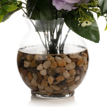 ENOVA FLORAL 18 Heads Silk Rose Artificial Flowers in Vase,Faux Rose Flowers Arrangement in Round Bowl Vase with Faux Water and River Rock for Table Decor Centerpieces (Lavender Purple)