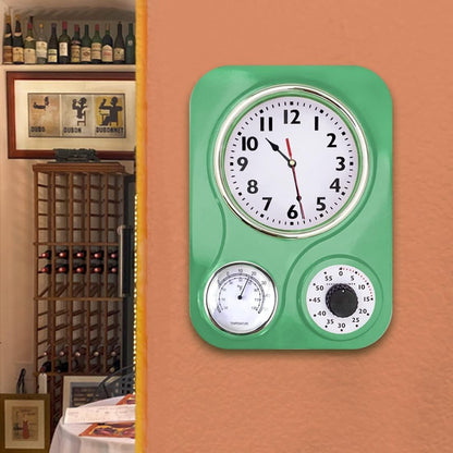 Lily's Home -9.5 Inch x 12.5 Inch - Retro Kitchen Wall Clock, Vintage Wall Clock with a Thermometer and 60-Minute Timer, Ideal for Any Kitchen, Office, or Diner (Retro Green)