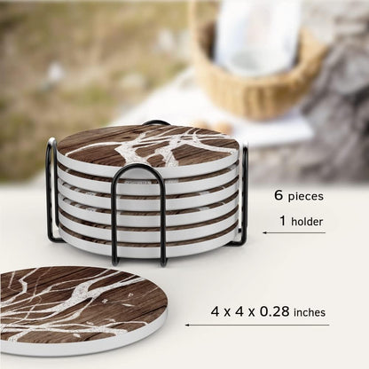 UMIRRO Ceramic Coasters for Wooden Table, Absorbent Drink Coasters with Holder for Tabletop Protection, Rustic Country Farmhouse Coasters w/Brown Wood Texture for Cups & Glasses, Coffee Bar Accessory