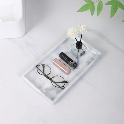 Bathroom Vanity Tray - 11'' Ceramic Rectangle Countertop Tray, Heavy-Duty Perfume Organizer Plate, Jewelry Ring Tray, Kitchen Soap Dispenser Stone Trays, Marble White